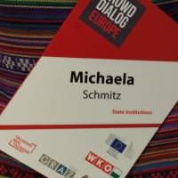 Crowddialog Europe in Graz-Namensschild Michaela Schmitz für den Crowddialog in Graz